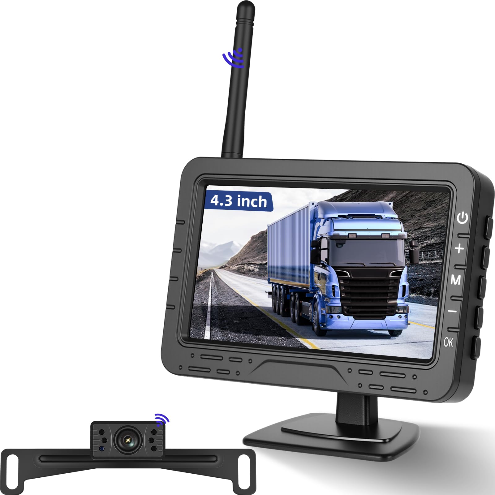 NHOPEEW Kit Inalámbrico de Cámara de Visión Trasera con Monitor de 4.3", Líneas de Aparcamiento Ajustables, Cámara de Marcha Atrás Impermeable IP68, Visión Nocturna, No Necesita Cableado