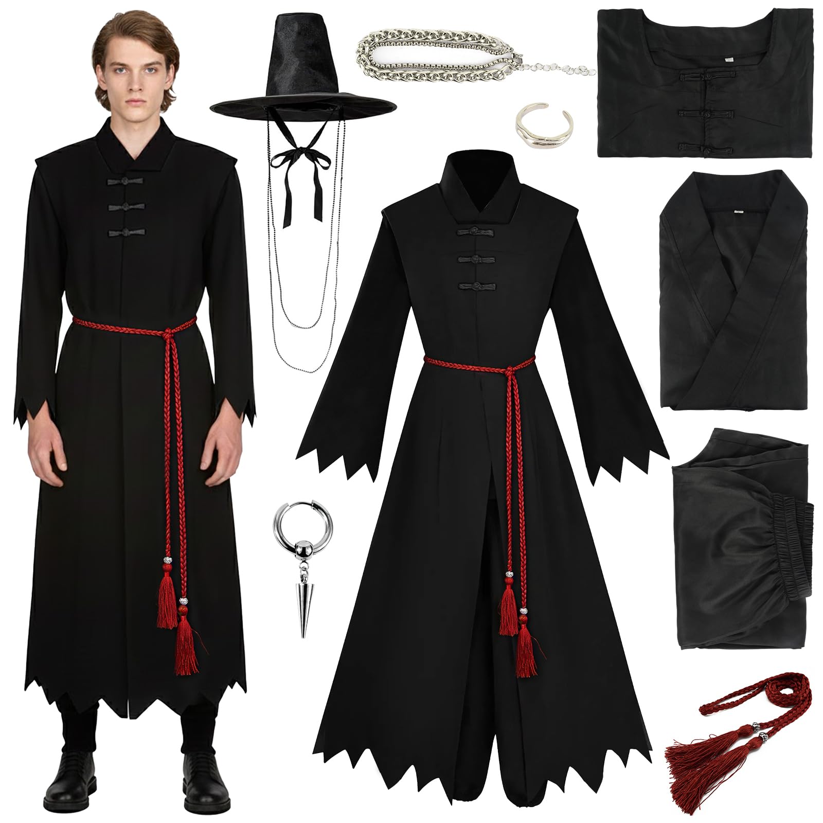Carnival Costume for Men, Adult Cosplay Costume with Shirt, Trousers, Cape, Hat and Matching Accessories, Dark and Mysterious Outfit for Halloween Carnival Theme Parties Costumes