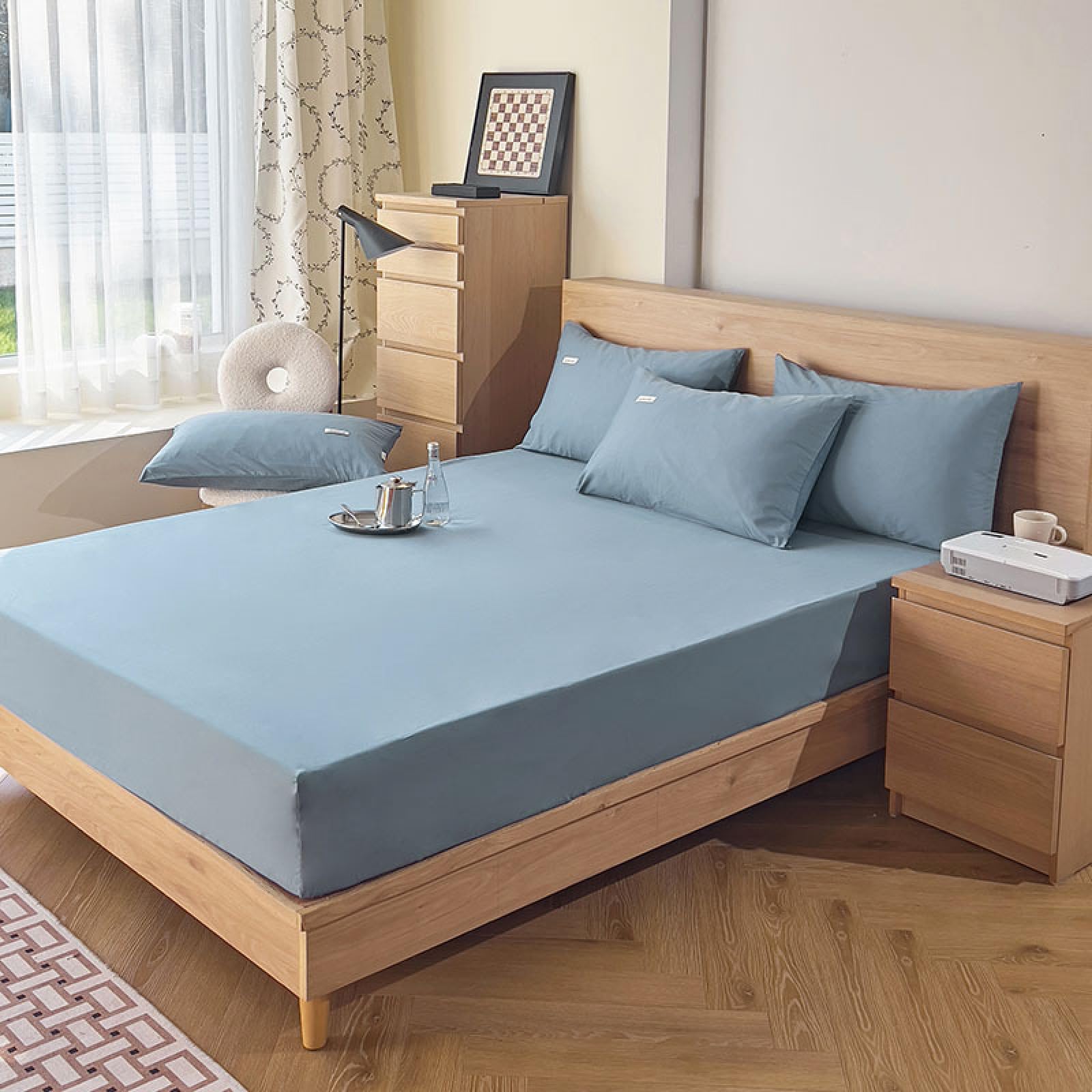 BAJIN Luxury Bedding Finest Double Fitted Sheet Bed Cover 180x200cm+25cm Deep-fitting bed sheet extra-large Pure Egyptian cotton bed sheet with full stretch skirt Blue