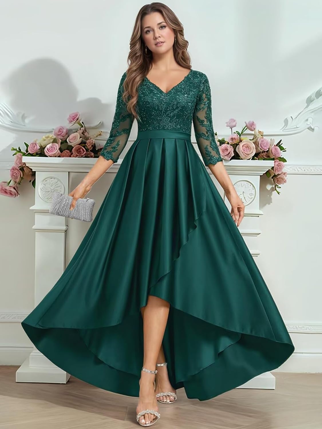 A Line Flowy Mother of The Bride Dresses for Women Lace 3/4 Sleeve V Neck Ruffle Satin Wedding Guest Dresses