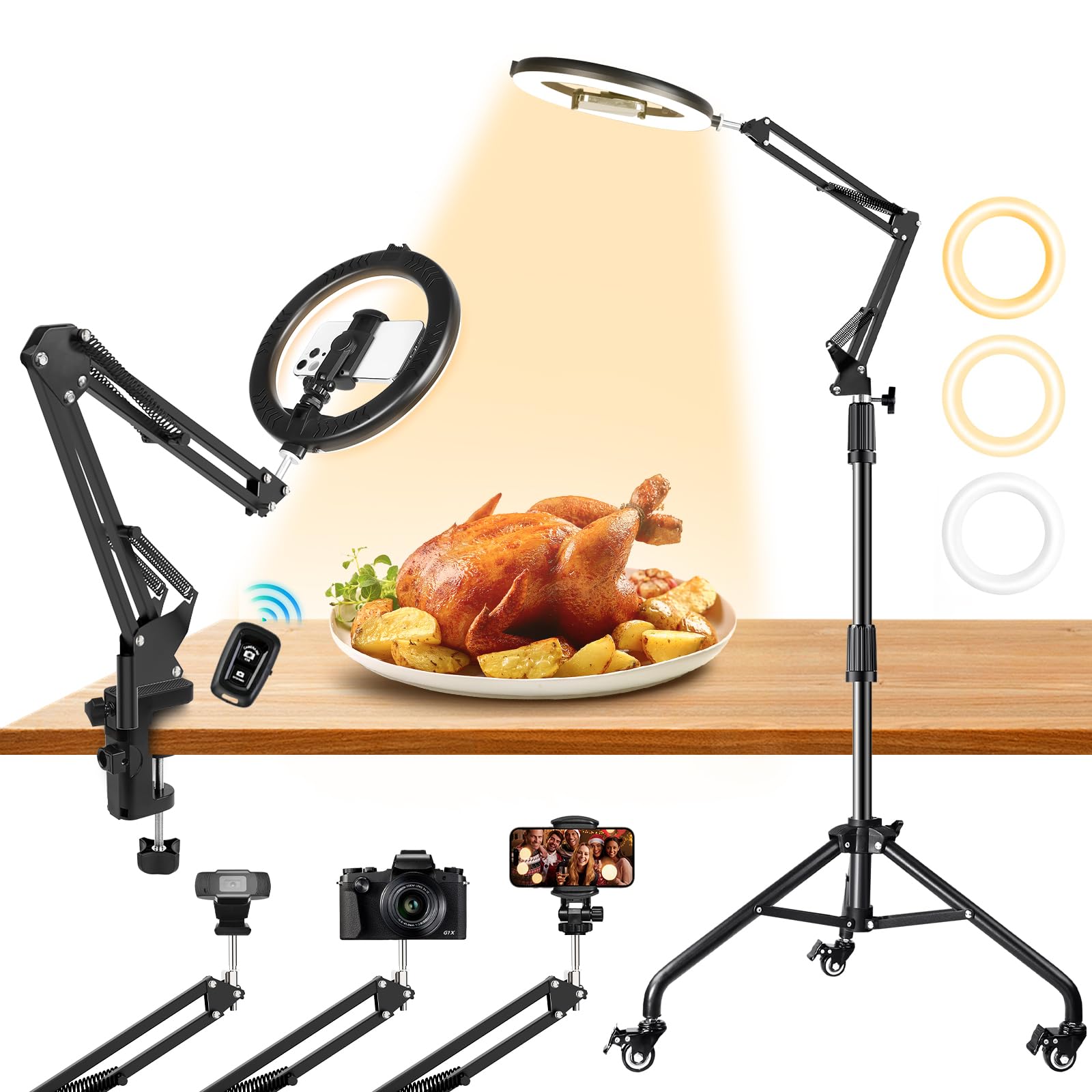 Photo 1 of Ring Light Overhead Phone Mount with Casters, Dual-Purpose Floor/Desk Light Tripod for iPhone, Selfie Phone Tripod for Video Recording/Live Streaming/Cooking