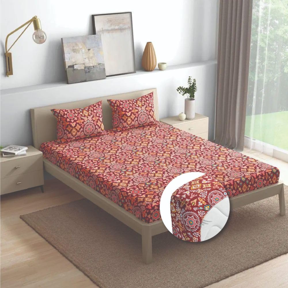 Wakefit Cotton Fitted Bedsheet | 200 TC Elastic Fitted Sheet, Queen Bed Bedsheet Floral with 2 Pillow Covers | Hibiscus - 72X60 Inches,Multicolor