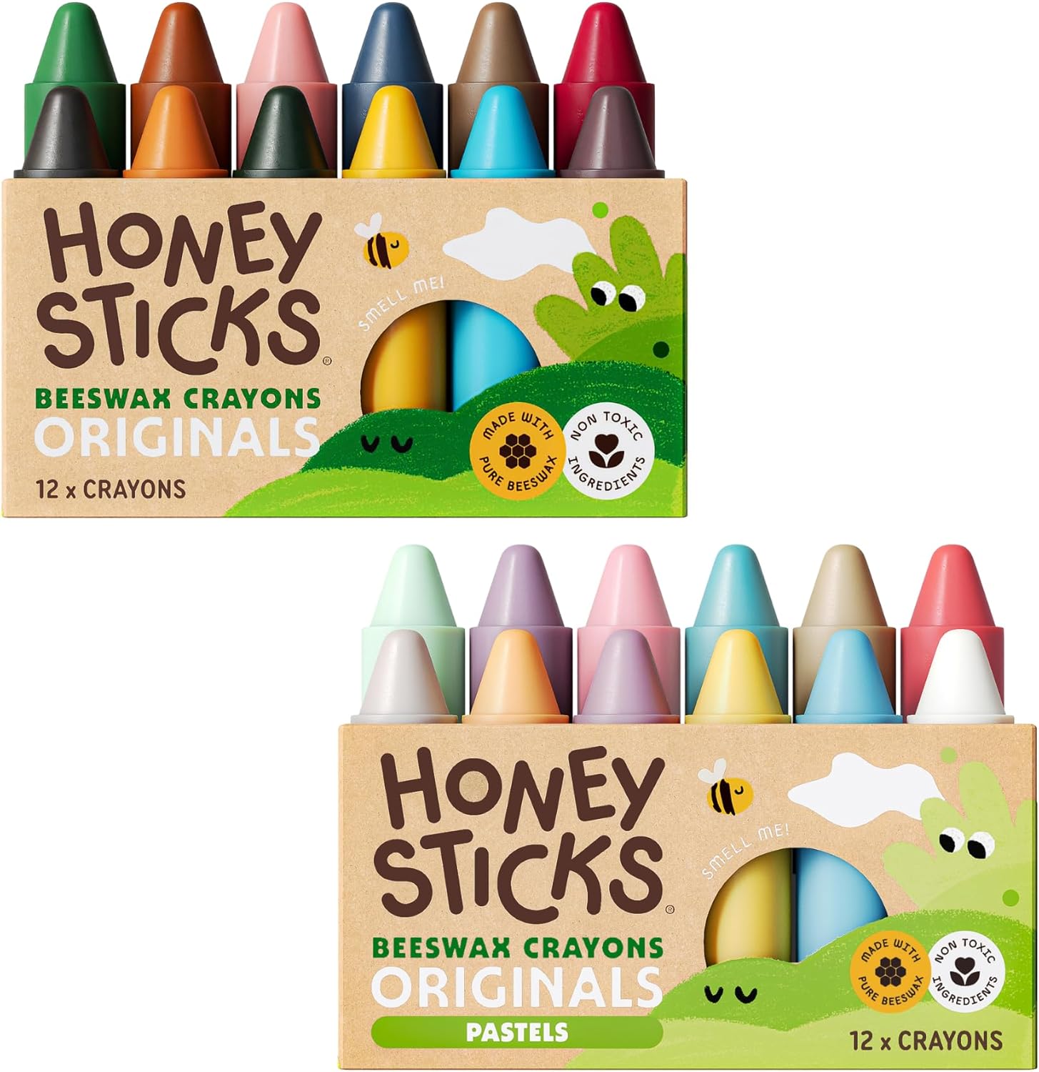 Honeysticks 100% Pure Beeswax Crayons - 12 Pack of Classic Colors PLUS a 12 Pack of NEW Pastel Colors - Non Toxic Crayons, Safe for Babies and Toddlers, For 1 Year Plus