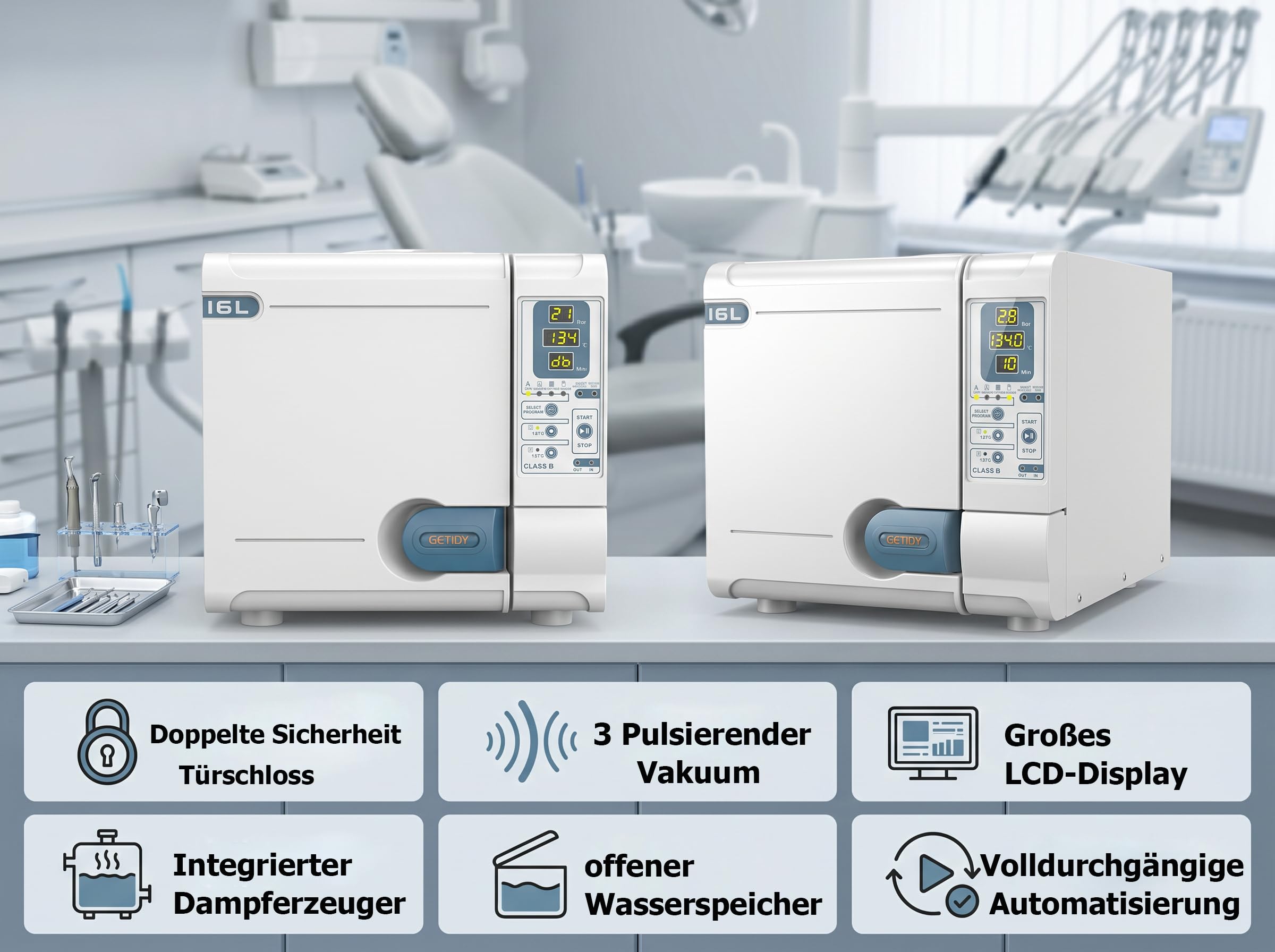 16L/18L/23L Digitale Anzeige Klasse B Autoklav Vakuumdampfsterilisator Hochtemperatur Tischplatte Laborausrüstung (16L)