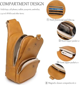 AIJIEKE Sling Bag for Women, Small Vegan Leather Crossbody Bags Fanny Packs with Card Slots, Adjustable Strap Chest Purse Crossover Travel Handbags for Everyday Commute & Hiking, Brown