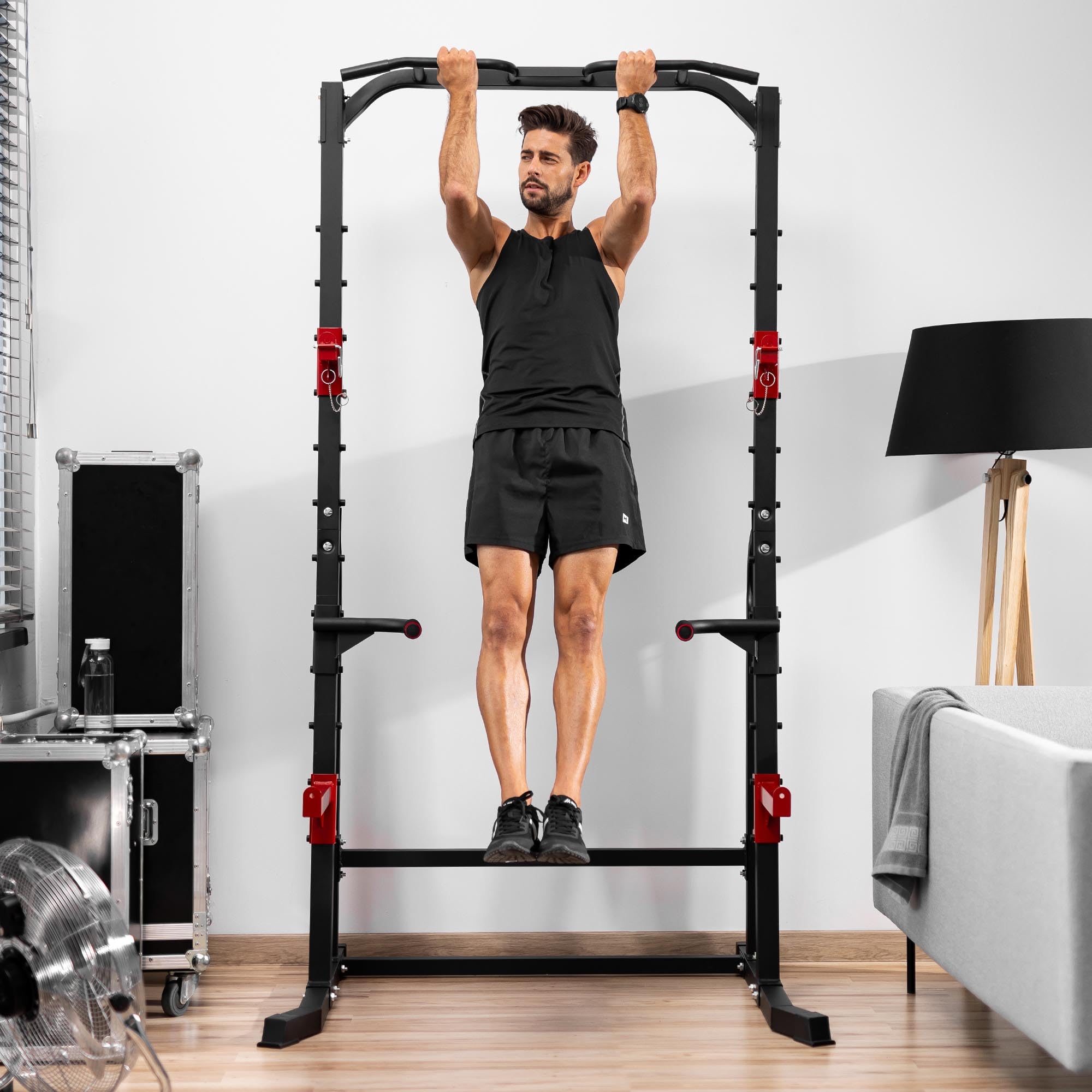 HOP-Sport® Chaise Romaine HS-1014K, Station de Musculation pour Les dips et Les Pompes avec Double sécurité pour la Barre, Squat Rack, Power Tower avec Station à Dips et Barre de Traction sur Pied