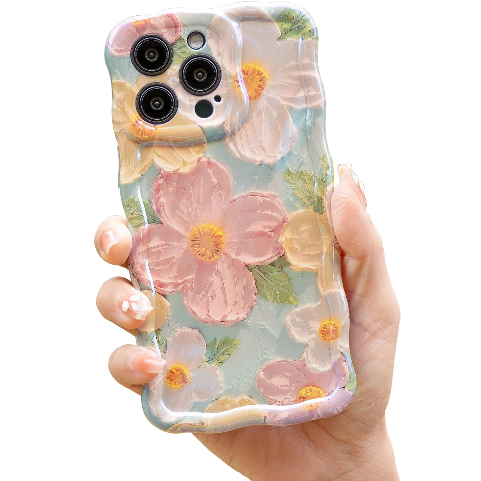Cute Case for iPhone 15 Pro Max, Colorful Retro Oil Painting Printed Flowers Case, Fashion TPU Floral Laser Beam Glossy Pattern Curly Waves Frame Shockproof Protective Cover for Girl Women