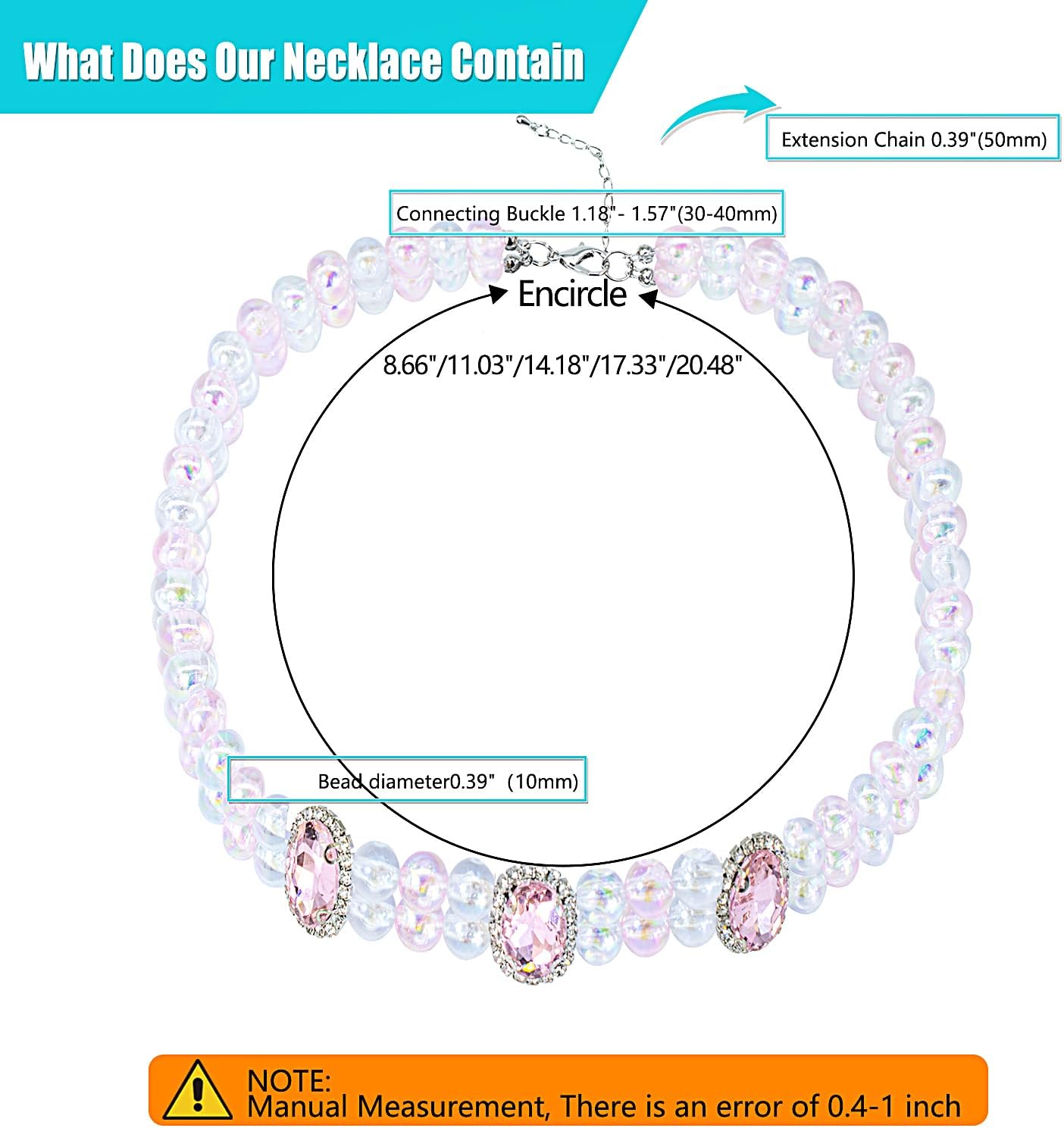 Dog Collar Necklace with 2 Row Glossy Shiny Beads Pink Rhinestones, Adjustable Bling Diamond Double Layered Pet Jewelry for Large Dogs, XXL 20.5IN image 2