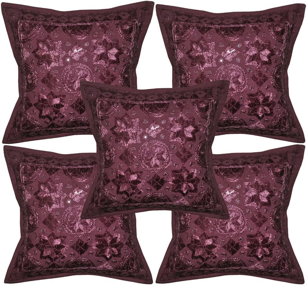 Marusthali Indian Vintage Decor Throw Cushion Cover Embroidery Mirror Work Pillow Case 16x16 Inches (5 Piece, Assorted)