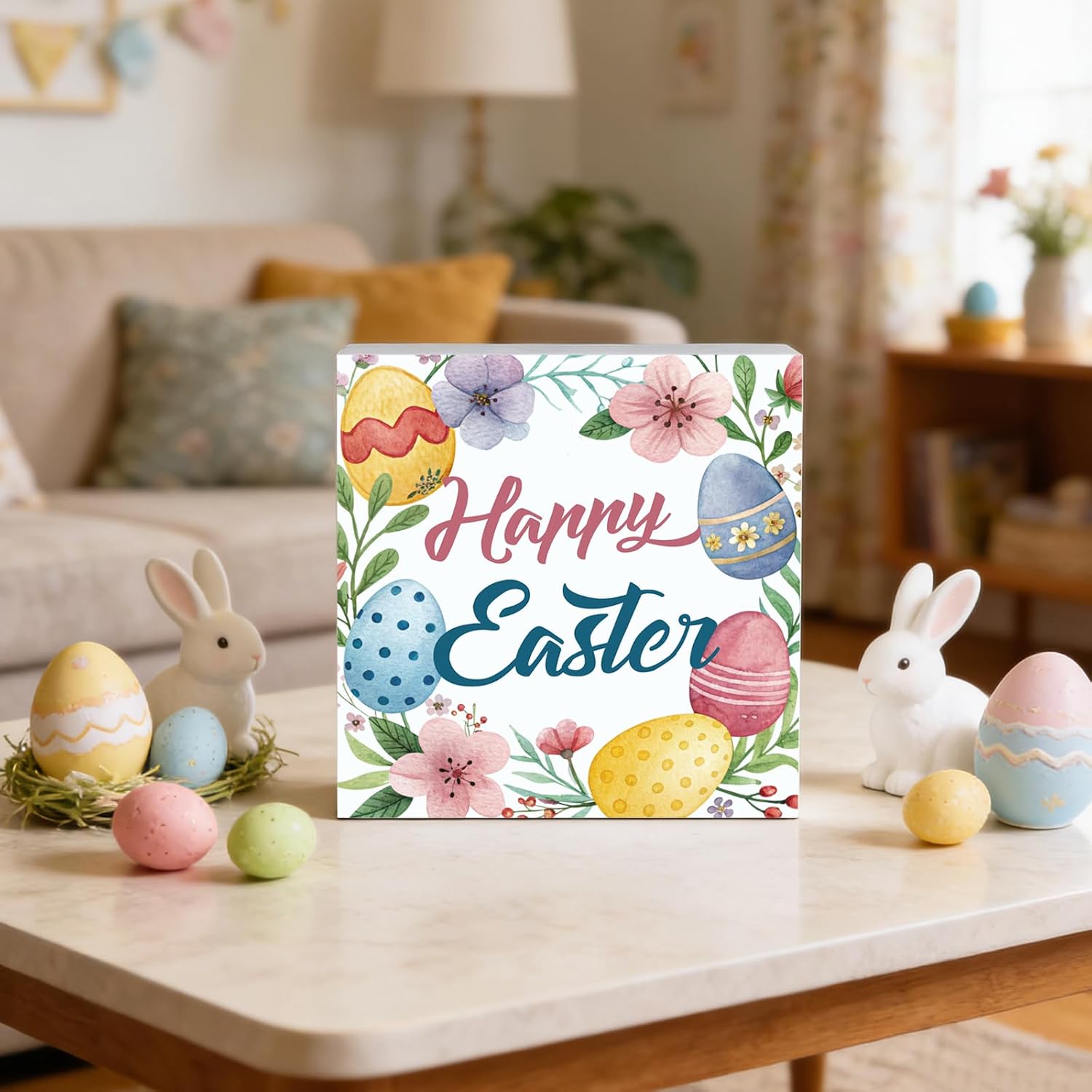 YUNKKIN Easter Table Decorations Easter Decorations Indoor Eggs Flowers Home Room Office Bathroom Wood Box Sign Rustic Wooden Shelf Desk Decor Season Sign House Warming Gifts 5.9 x 5.9 Inch