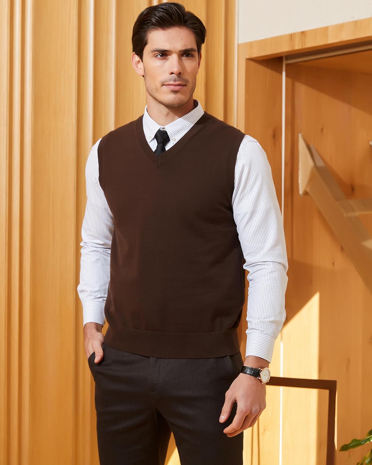 Kallspin Men's Pure Cotton Sweater Vest V Neck Regular Fit Knit Sleeveless Pullover Sweater - Image 6