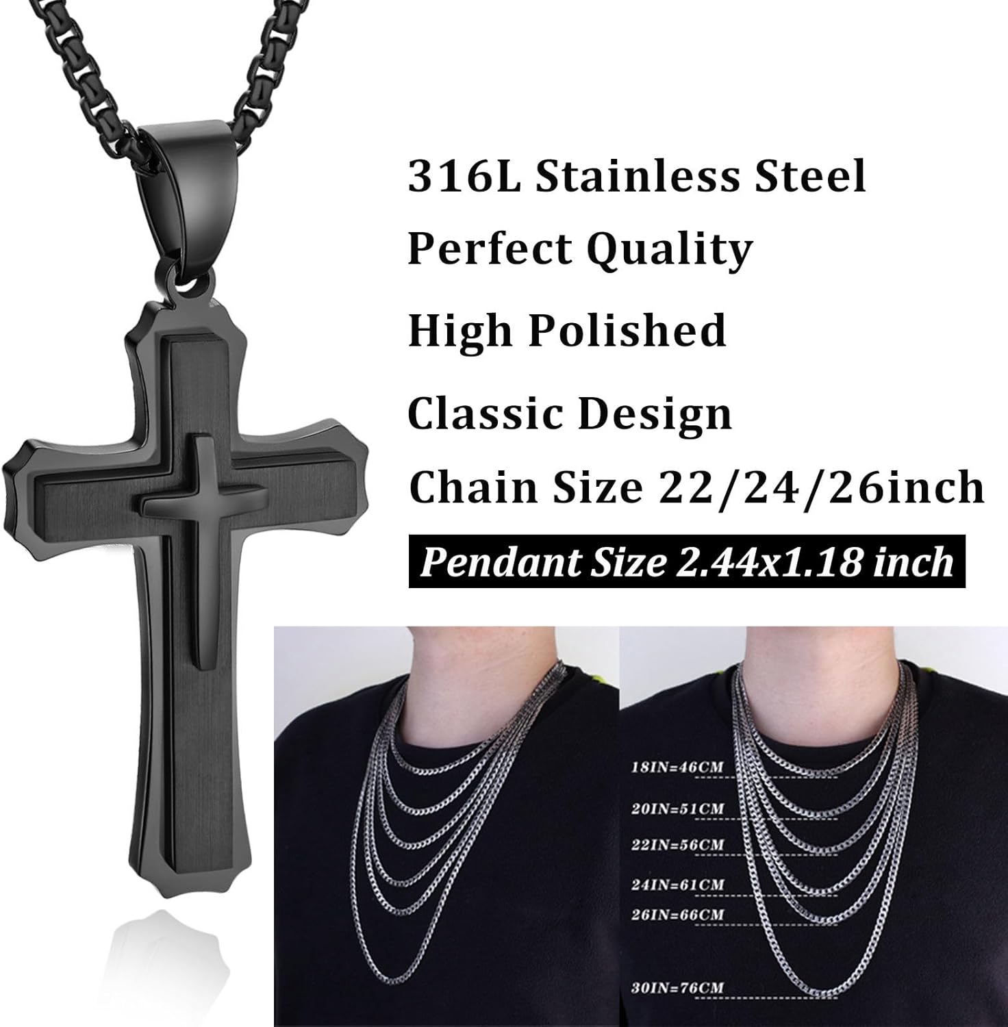 Men's Cross Necklace 316L Stainless Steel Large Heavy Cross Pendant for Men Polished Jewelry Rolo Chain with 22'' 24'' 26'' - Image 7