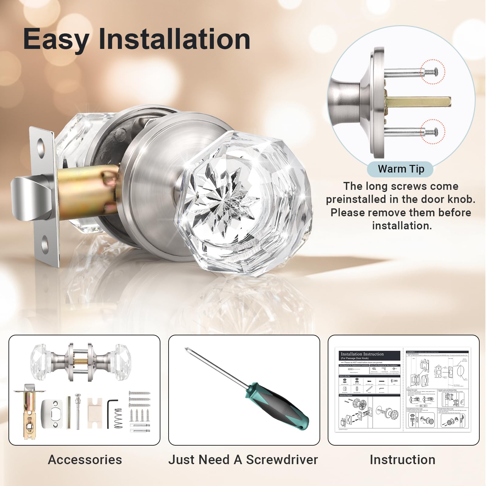 Elegant Clear Glass Door Knobs - Satin Nickel -6