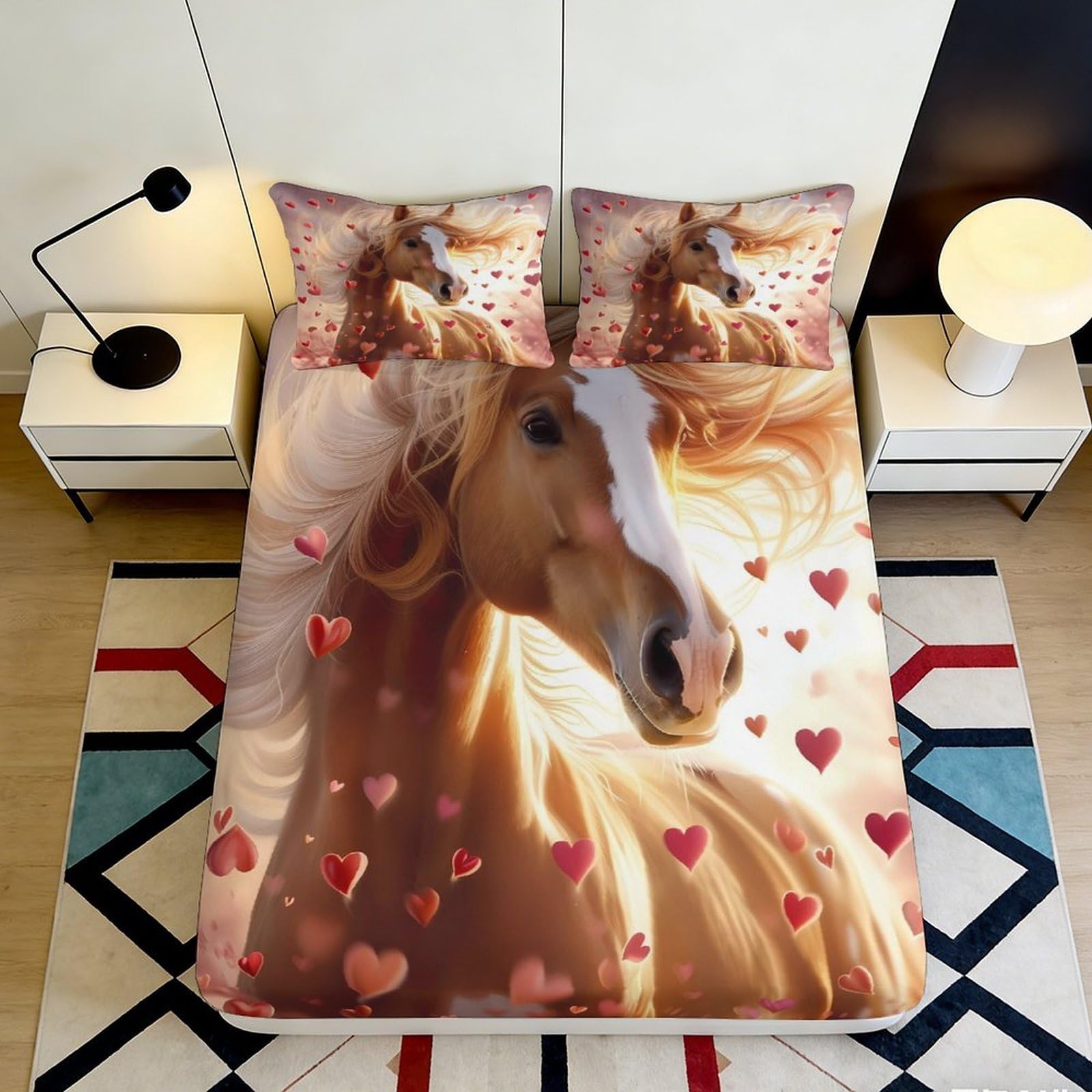 Pnayamiorkfel Style-3 3D Printed Golden Horse Fitted Sheet Microfiber Decorative Brown Heart Bed Cover For Bedroom Dorm Guest Room 90X200x25cm