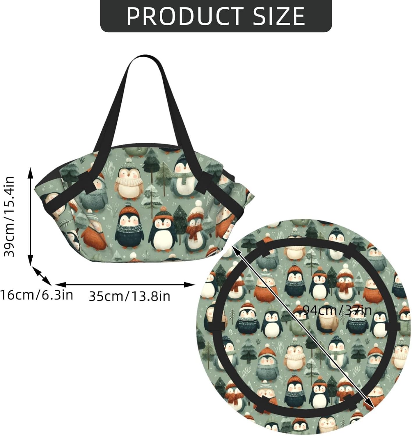 Winter Skiing Penguin (2) Pattern Foldable Camping Tote Bag Picnic Blanket Bag Portable Beach Mat Tote Waterproof Outdoor Picnic Mat Carry Bag
