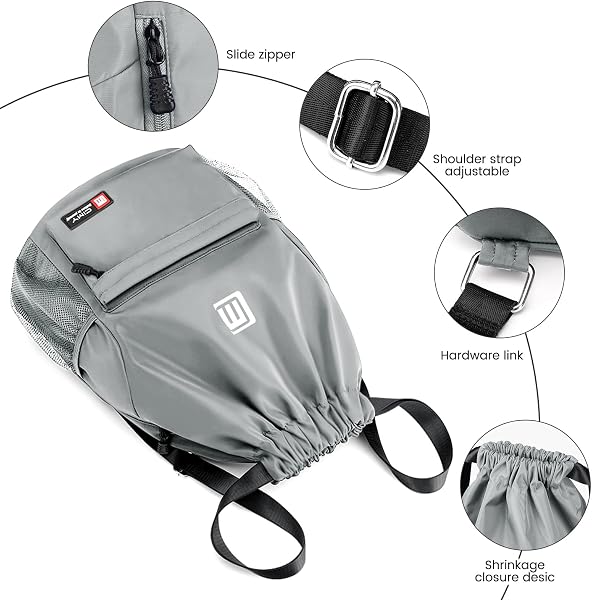 Sac à Dos à Cordon, Imperméable Large Bandoulière Sacs de Sport à Cordon Sac de Gym Avec Poche Intérieure Et Poche De Sécurité avec Poche Avant Et Arrière Zippée, Gris - 2