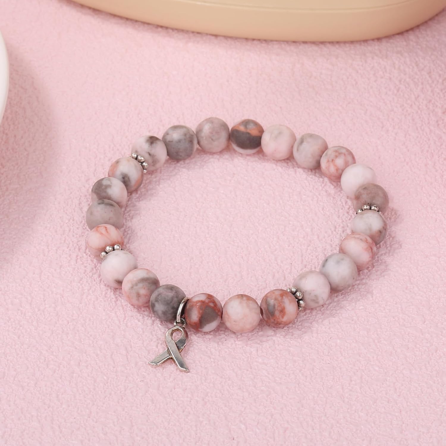 Breast Awareness Bracelets, Natural Stone Inspirational Ribbon Beaded Bracelet with Motivational Card Care Encouragement Gift for Women Friends Family Loved Ones - Image 3