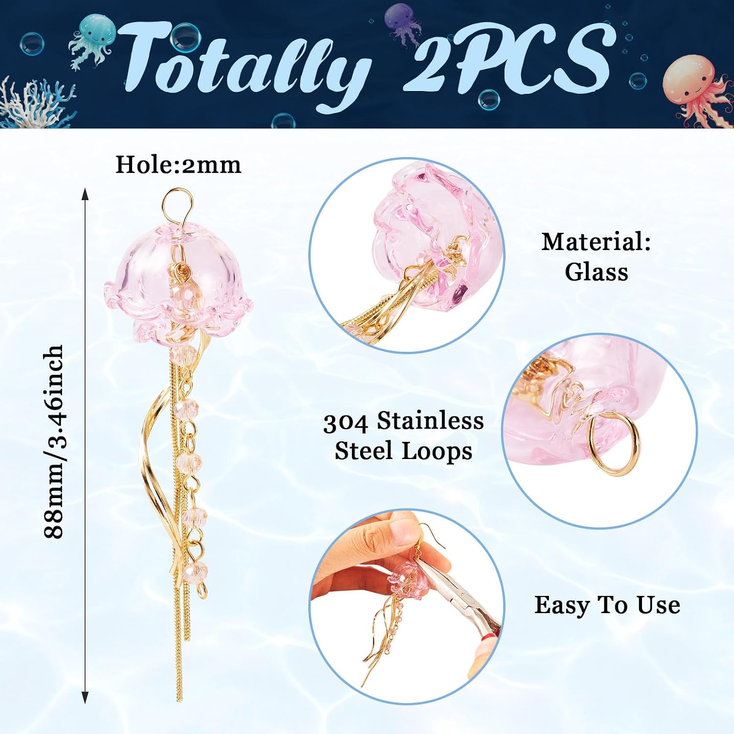 FASHEWELRY Crystal Glass Jellyfish Dangle Drop Earrings Charm Funky Dangling Earrings Pendant Gold Long Chain Tassel Earrings Flower Caps Unique Earrings for Women Ocean Beach Earrings image 5