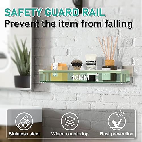 Miniatura 3 de Estantes de vidrio para baño, estantes de baño de níquel cepillado de 16 pulgadas para pared, rectangulares de acero inoxidable, vidrio templado,