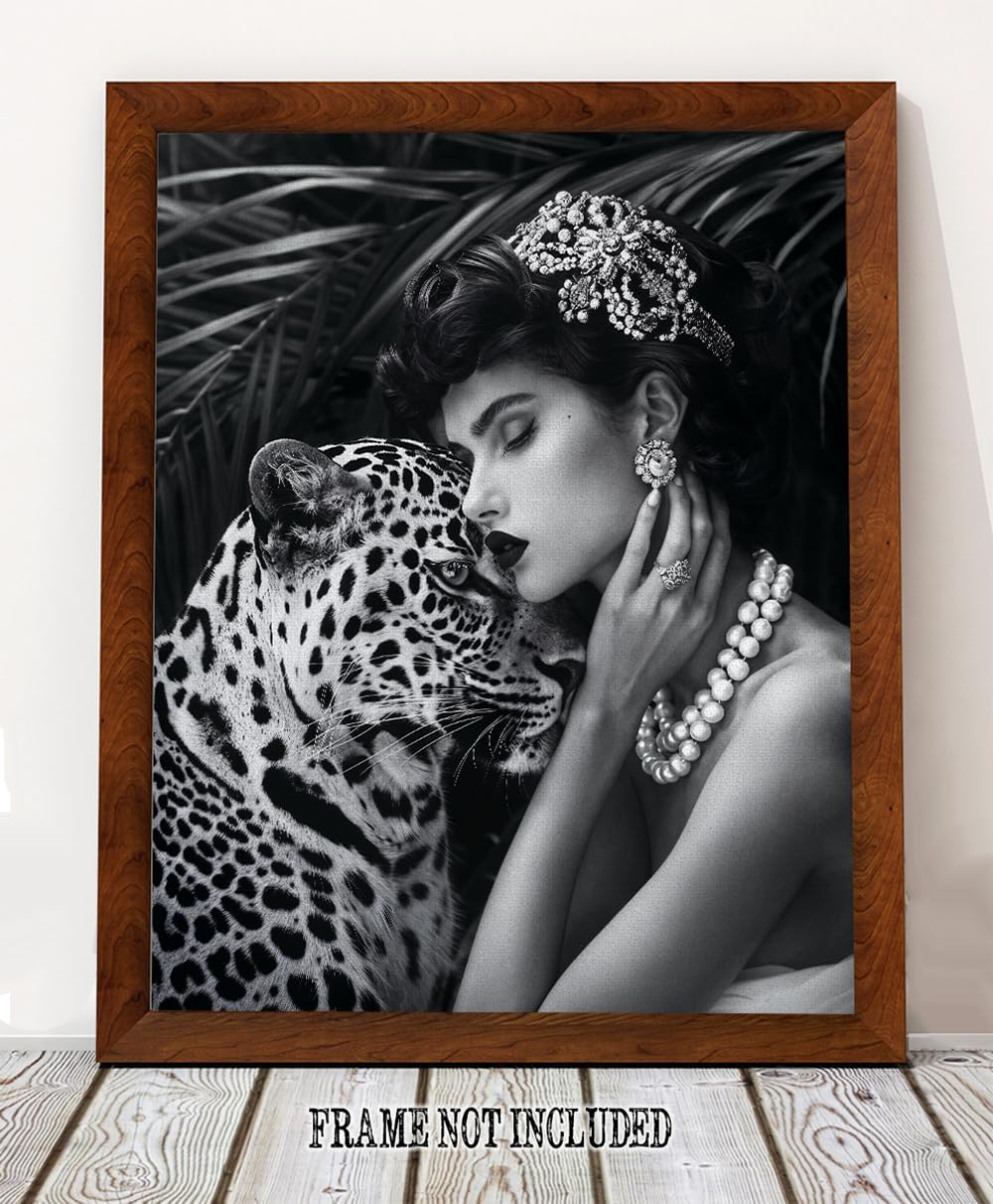 Beauty and the Beast: Black & White Cat Woman Portrait - 11x14 Unframed Poster - Luxury Vibe Fashion Model Studio Photography Decor for Dorm with Woman, Leopard, and Cat 4 Beauty and the Beast: Black & White Cat Woman Portrait - 11x14 Unframed Poster - Luxury Vibe Fashion Model Studio Photography Decor for Dorm with Woman, Leopard, and Cat