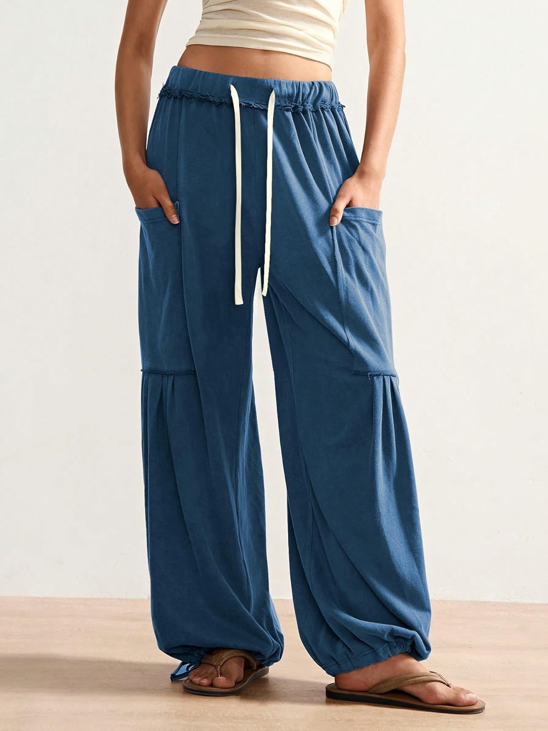 ZAFUL Boho Casual Pants for Women Baggy Pant Ruched Flowy Bottom Elastic Drawstring Waist Trouser with Pockets - Image 3