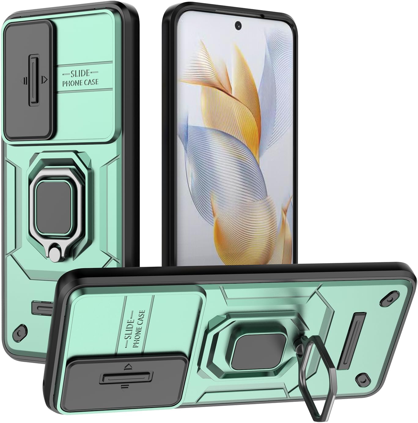 Lustree Back Cover Shockproof Silicone Military Anti-Drop Case with 360° Metal Bracket and Sliding Camera Cover Case for Honor 90 5G - Green