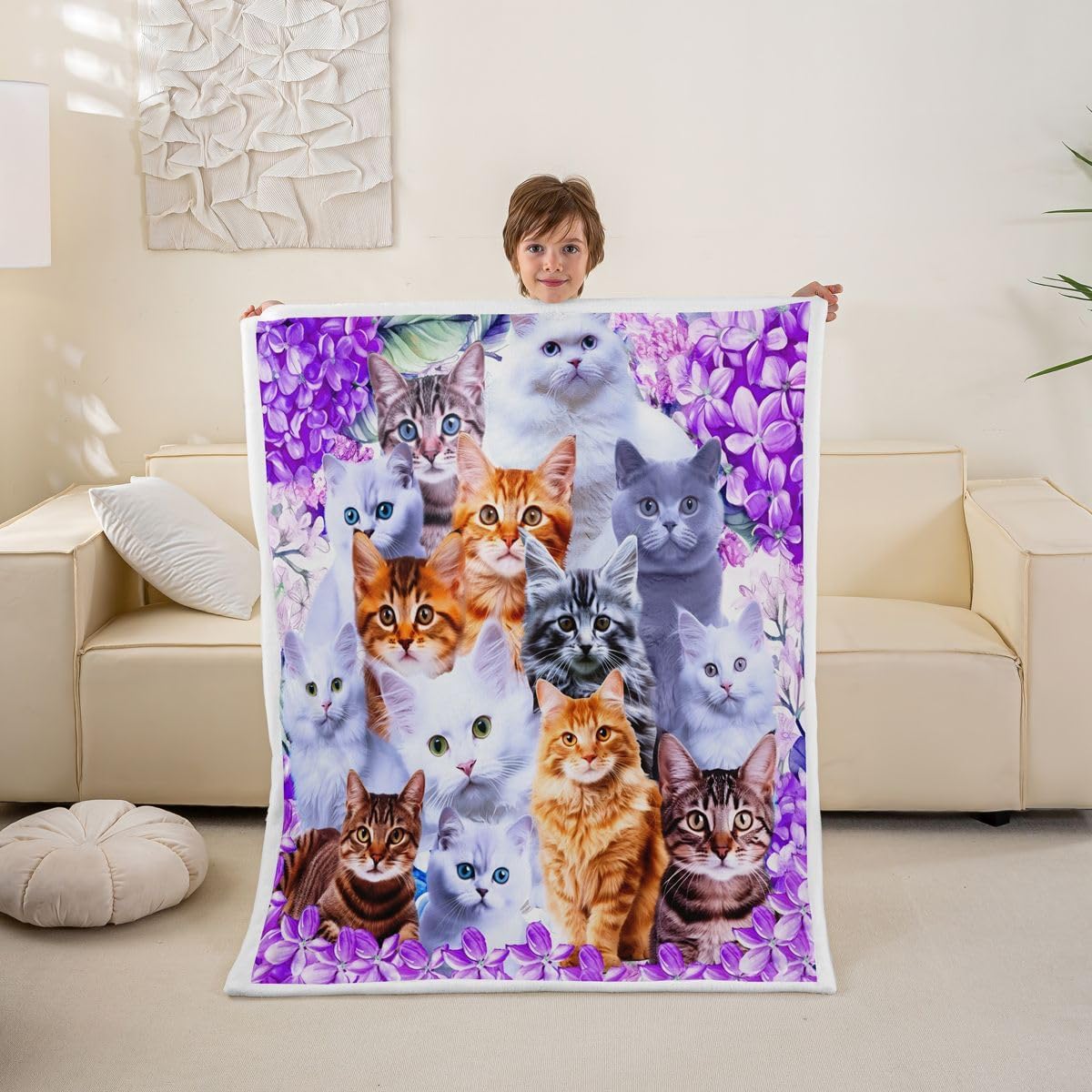 Feelyou Cute Cat Sherpa Blanket Pet Funny Cats Toddler Fleece Throw Blanket for Kids Boys Girls Lovers Cat Floral Purple Fuzzy Blanket for Sofa Bed Couch Feline Animal Lovely Decor,Queen 90x90 Inches