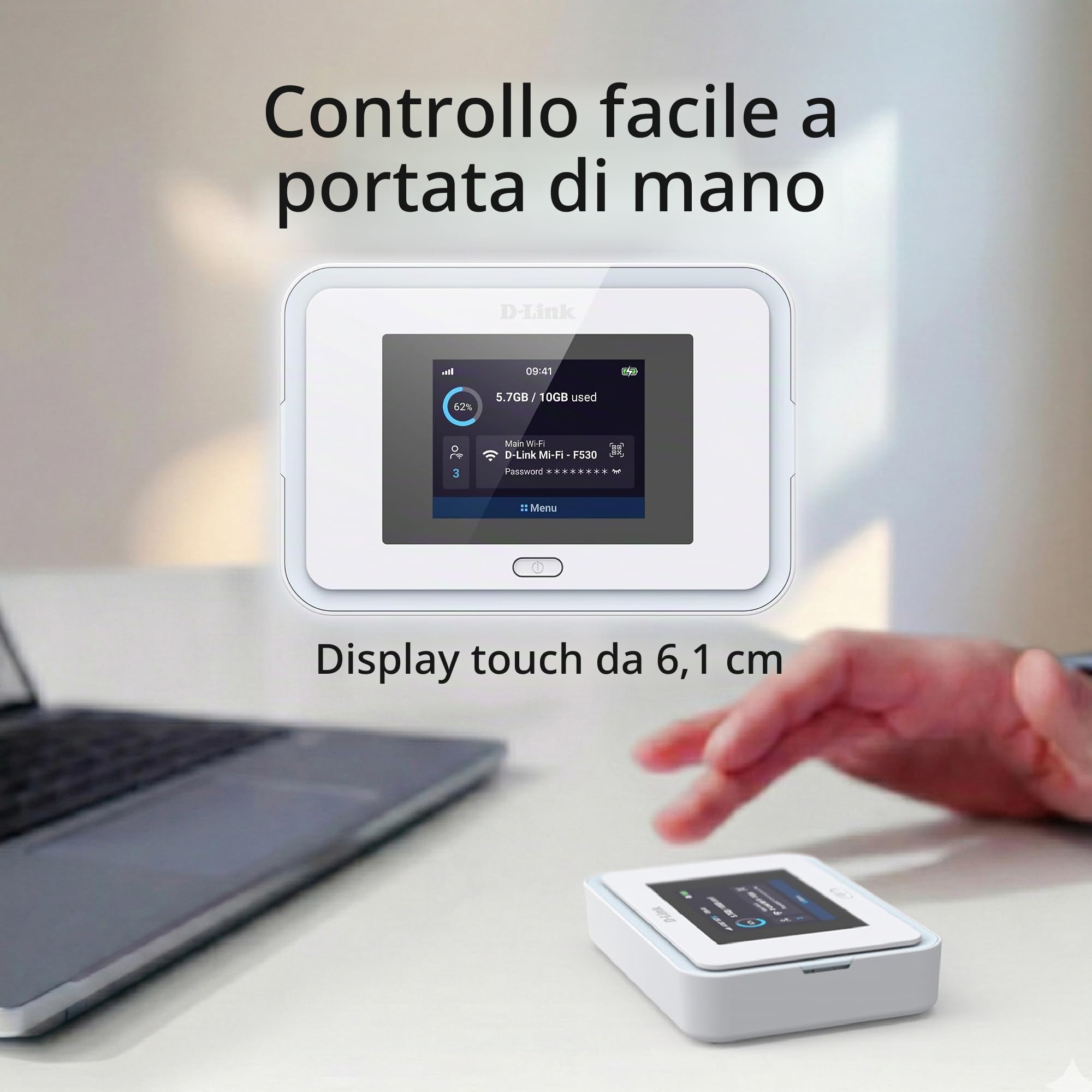 D-Link F530 Hotspot Mobile 5G NR AX3000 Wi-Fi 6, Router 5G Portatile fino a 7,01 Gbps, Touchscreen 2,4", 32 Dispositivi, Batteria 5260 mAh, USB-C PD, microSD, Slot SIM
