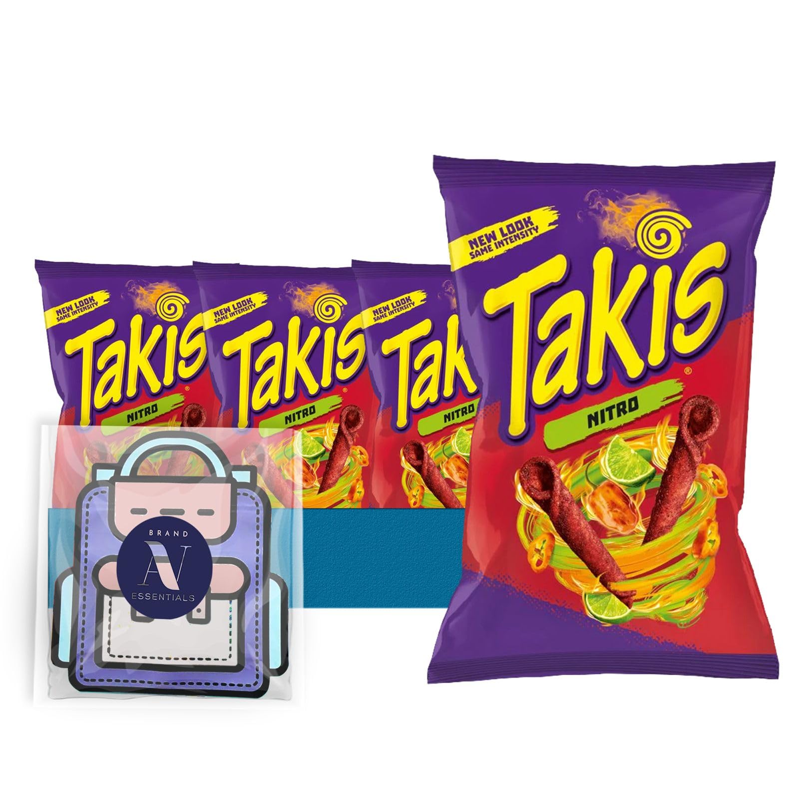 TakisLavinia Essentials Bundle: 4-Pack of Nitro Sharing Size Bag, Hot Chili Pepper Rolled Tortilla Chips 9.9 oz Bag + 1 Utility Prop
