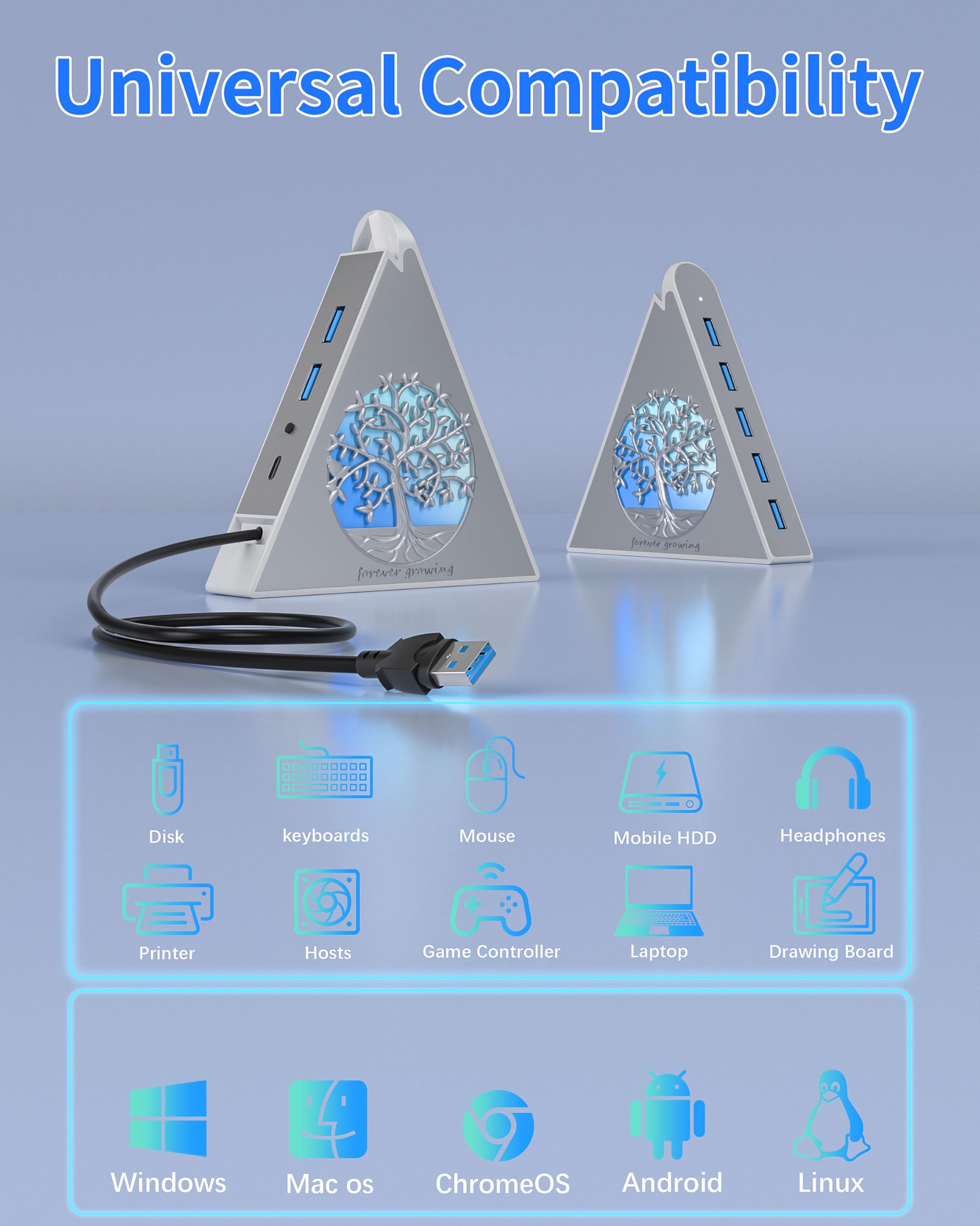 Hub USB 3.0 de 7 puertos, expansor USB vertical plateado con iluminación RGB temática de árbol, velocidad de transferencia de 5 Gbps, cable de extensión de 2 pies, para MacBook, laptop