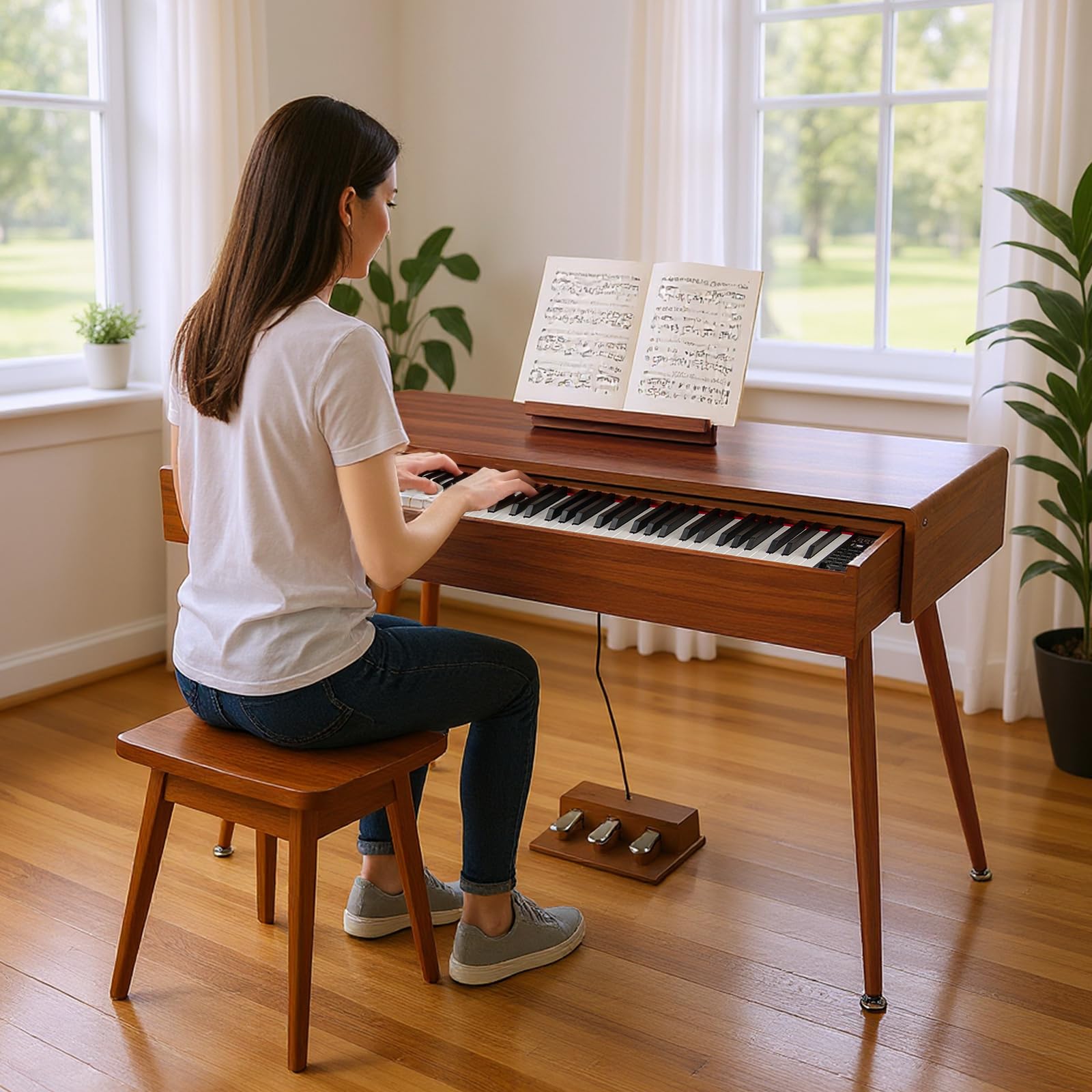KOMFOTTEU Piano Digitale 88 Tasti, Tastiera Piano Elettronica con 800 Suoni & 600 Ritmi, Tasti Pesanti, Piano Digitale con Supporto & 3 Pedali, Modalità Doppia Tastiera, Marrone