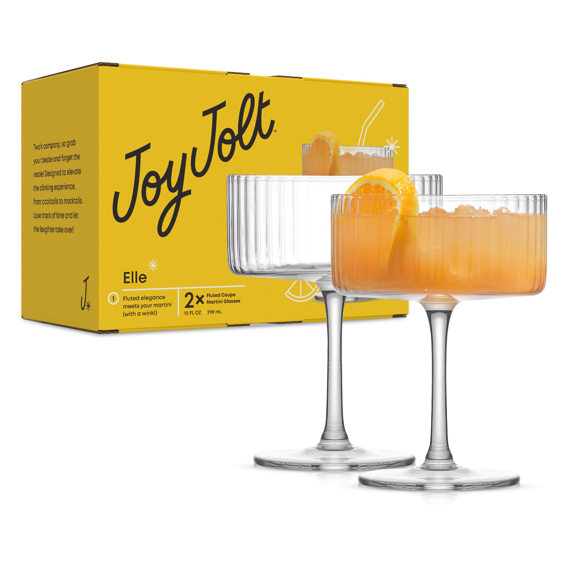 JoyJolt Fluted Coupe Glasses - ELLE 10oz Cocktail Set of 2 Ribbed Glass. Unique Champagne Coupe, Ribbed Martini or Cocktail Glasses. Vintage Style Drinking Glasses