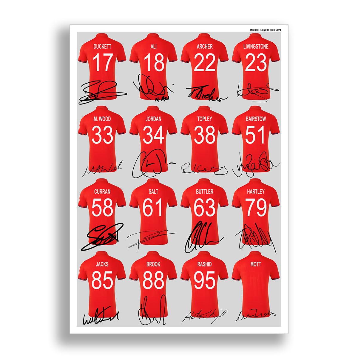Mounted Gifts Trading England Cricket T20 World Cup Team Squad 2024 Signed Poster Print Framed Picture Photo Autograph Gift Jos Buttler (A4 poster only)