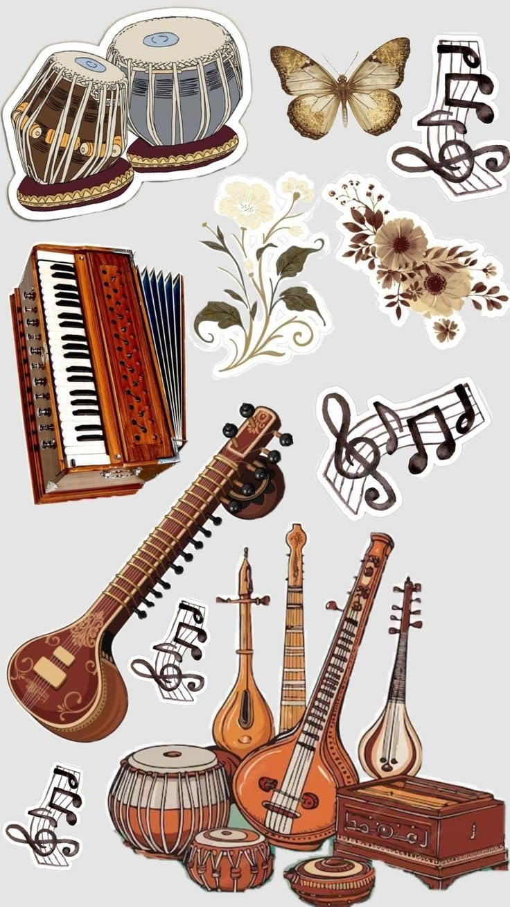 12PCS Indian Classical Music Instrument Vinyl Stickers, Sitar, Harmonium, Tabla, Veena, Tanpura, Musical Notes & Floral Aesthetic Stickers for Laptop, Journal, Scrapbook, Water Bottle & Luggage-picture-12