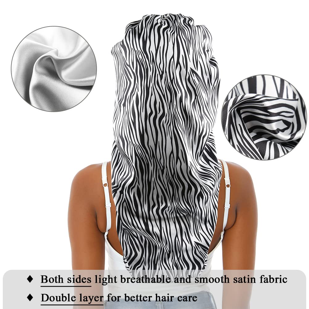 Extra Large Satin Bonnet for Women, Double-Layer Silky Sleep Cap, Long Hair Bonnet with Tie Band for Braids/Curly/Long Hair (Zebra Pattern)