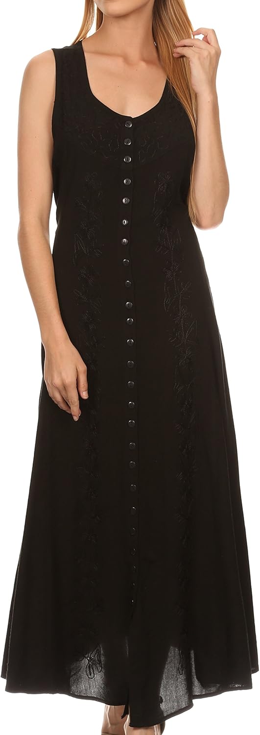 Sakkas Maya Floral Embroidered Sleeveless Button Up Rayon Dress