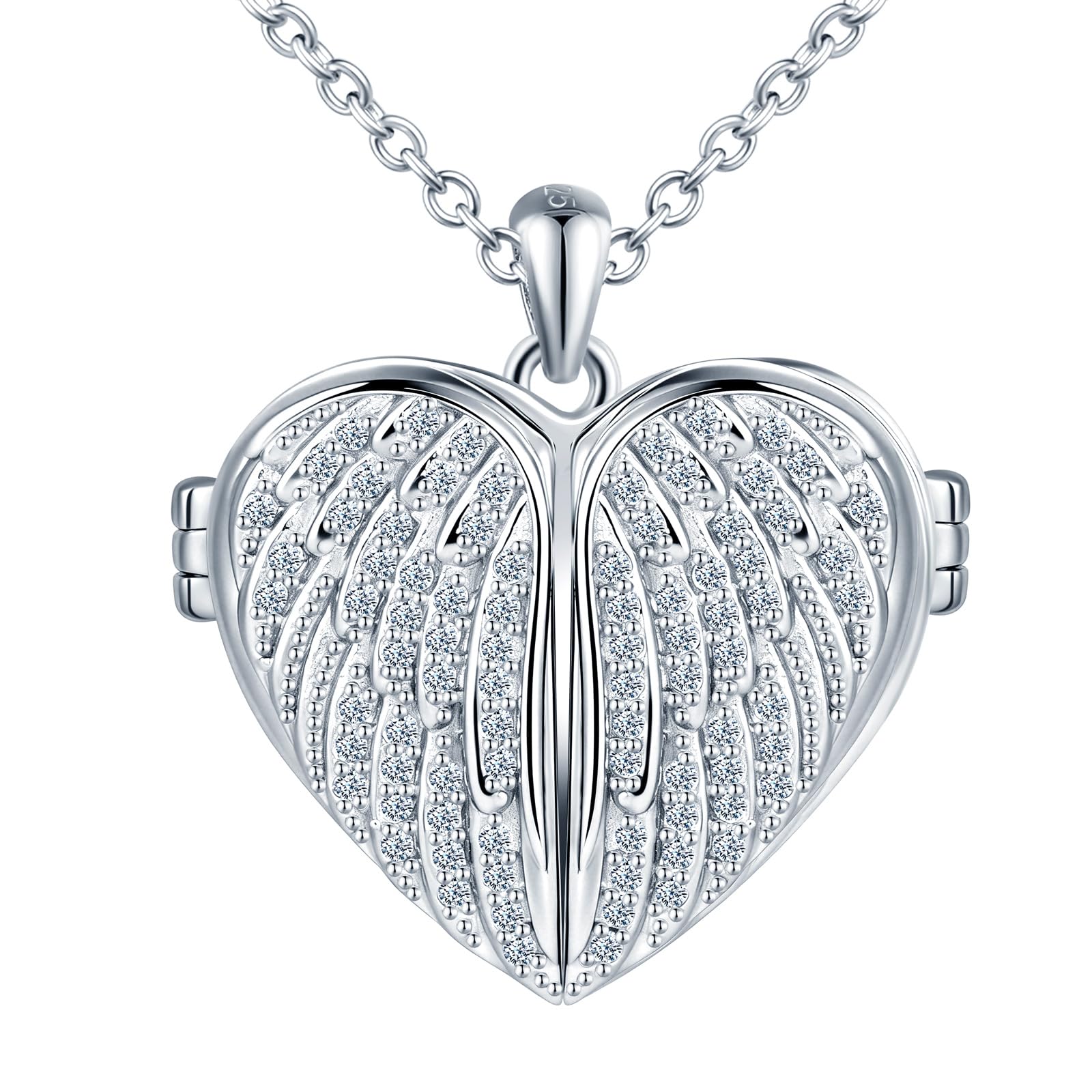 Collana Foto Ciondolo Cuore Argento 925 Medaglione Portafoto Personalizzabile con Ali d’Angelo in Zirconia