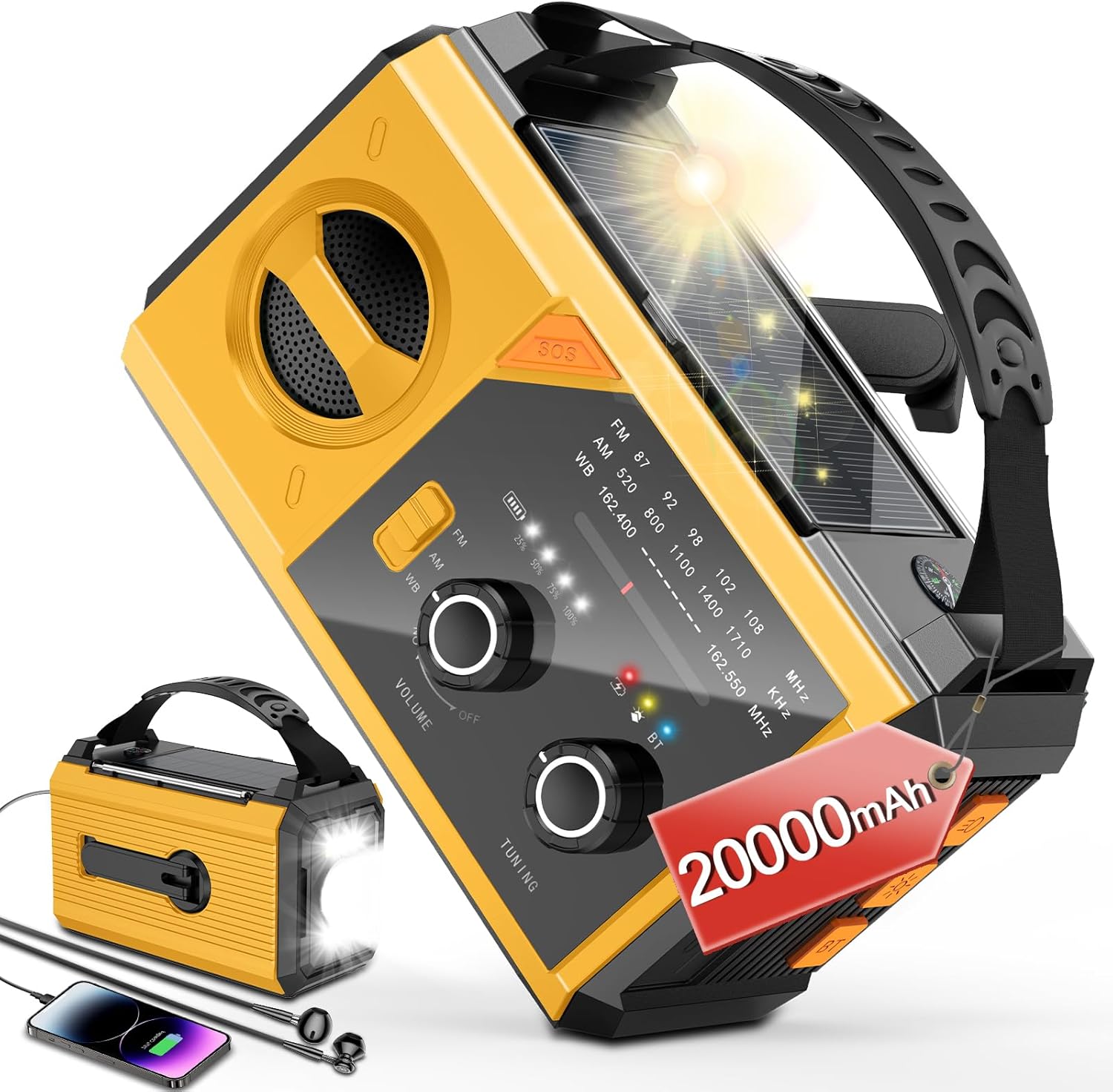 20000mAh Emergency Radio, 74000mWh NOAA Weather Radio, Wireless Hand Crank Solar AM/FM Radio with Fast Charge Rechargeable Solar Battery, Flashlight, SOS Alert, Outdoor Survival Gear Kit（Yellow）