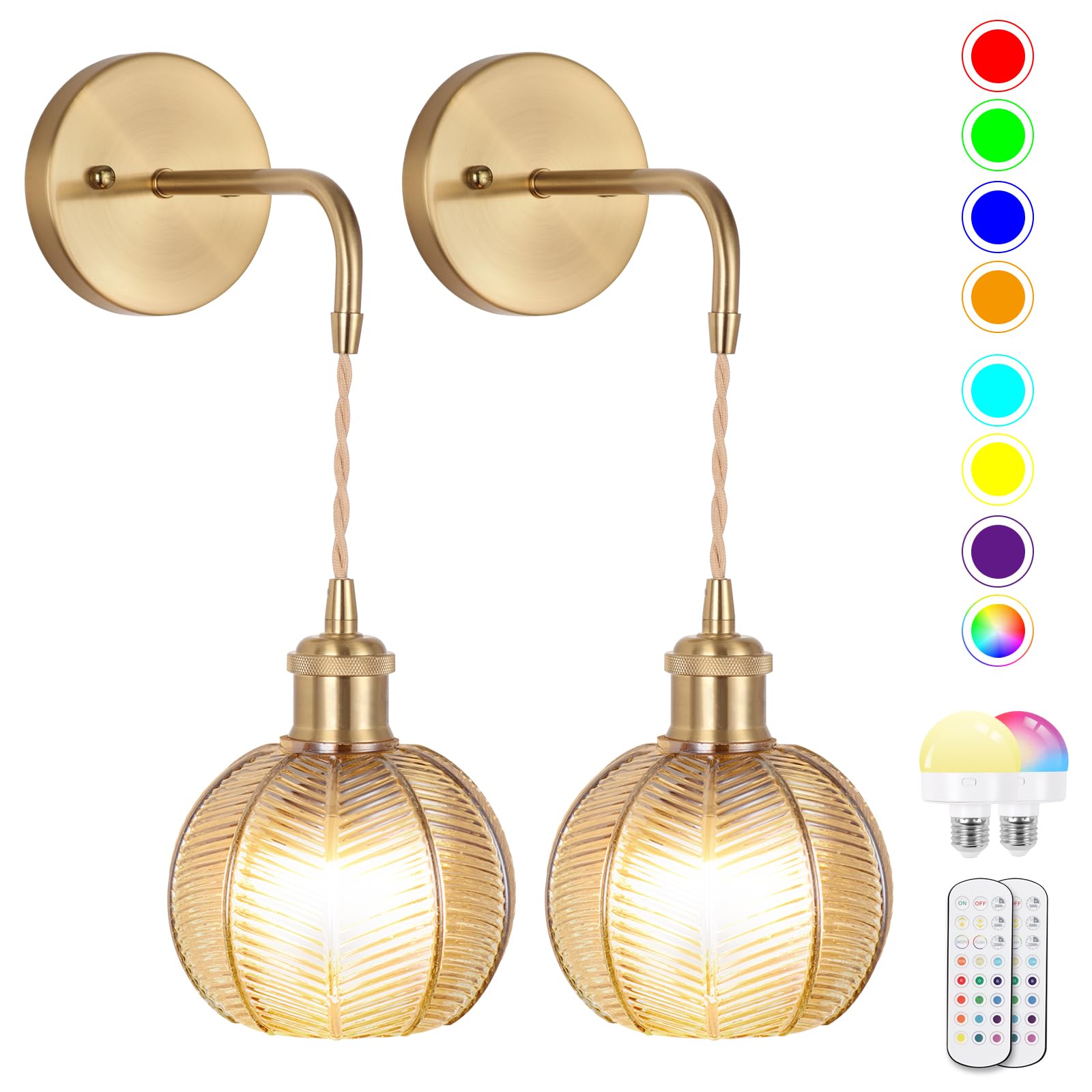 Battery Operated Wall Sconce, Wireless Wall Sconces Decor Set of 2 with RGB Color Changing Dimmable, Wall Sconces Set of Two with Remote, Vintage Wall Lamp for Bedroom Living Room etc