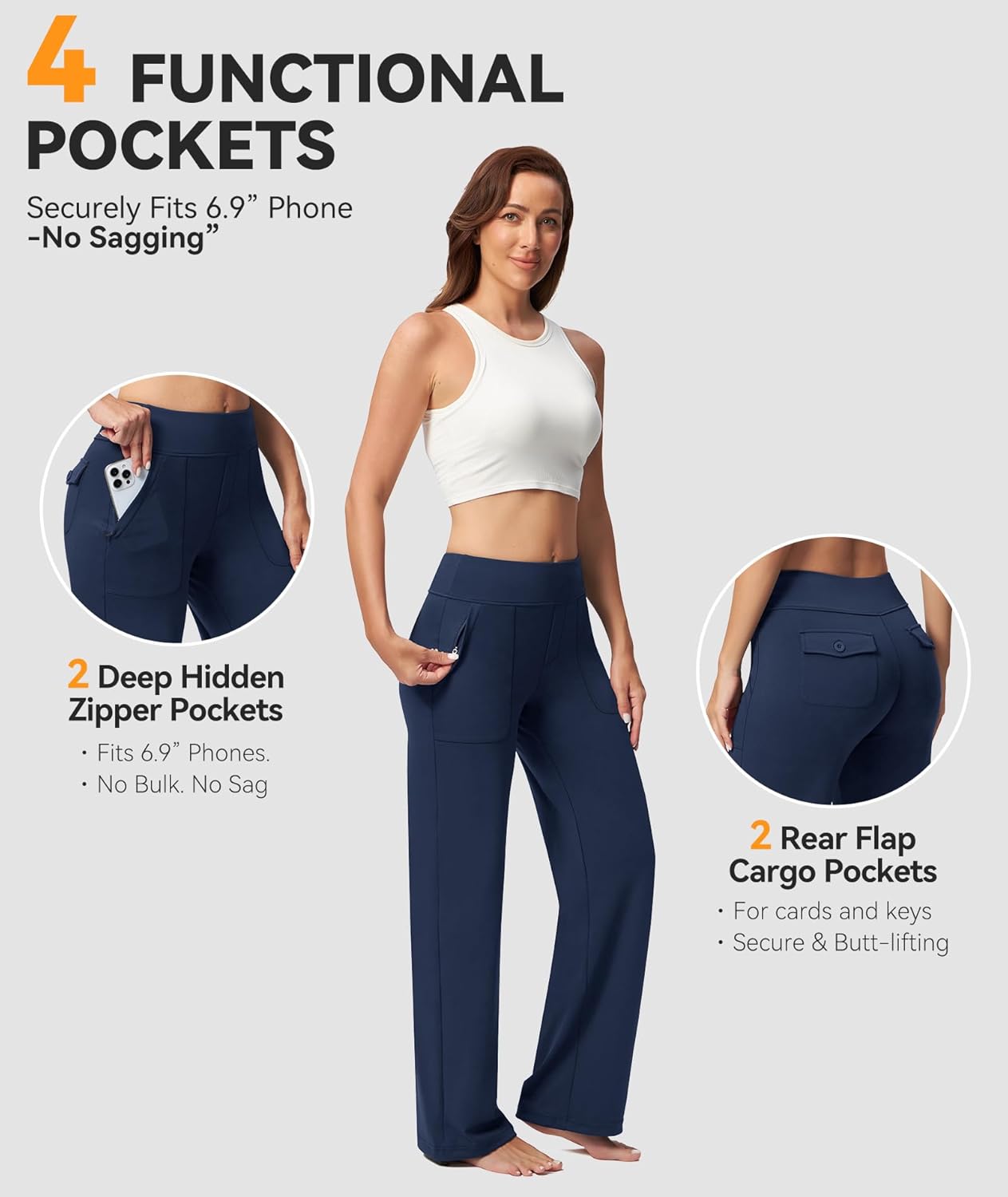 Casei Women's Wide Leg Yoga Pants with Zipper Pockets High Waisted Adjustable Hem Stretchy Work Dress Pants Casual Lounge - Image 5