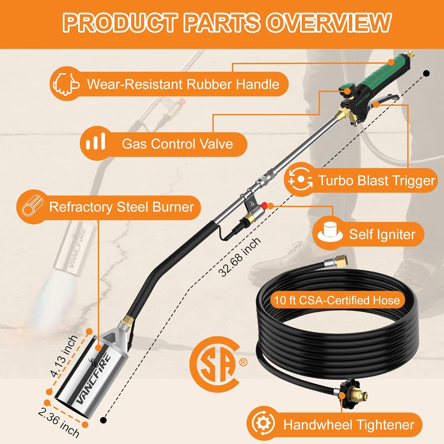 Propane Torch Weed Burner Kit,Weed Blow Torch with Storage Bag, Heavy Duty Flamethrower with Igniter & Turbo Trigger and 10 FT Hose for Weeding,Roofing, Melting Ice/Snow