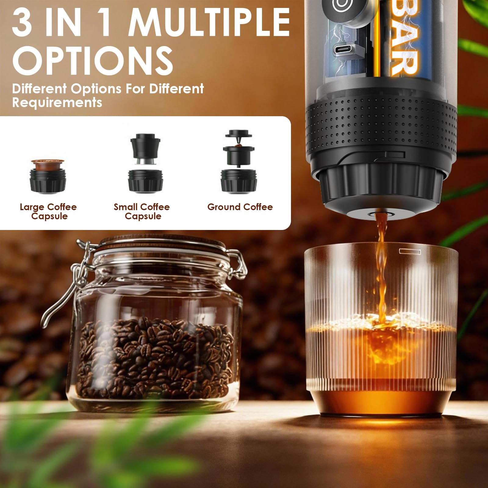 Cafetera Portatil, 3 en 1 Cafetera Portátil Cápsula de Espresso Batería 7800mAh,Auto-Calentable & USB-C y 20 Bar con Cápsulas NS Café Molido,Cafetera Eléctrica para,Camping,Oficina Viajes