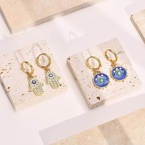 Miniatura 3 de Aretes de mal de ojo para mujer, 2 pares chapados en oro de 18 quilates, delicados aretes de circonita cúbica con incrustaciones de ojo turco y mano