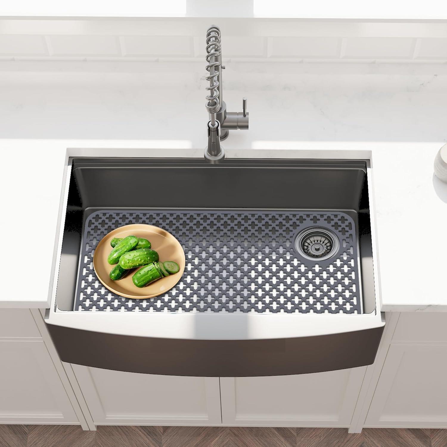 Flytime Silicone Sink Protectors for Kitchen Sink with Right Side Top Hole, 28.35"x 14.37" Kitchen Grid Accessory, Non-Slip Heat-Resistant Mat for Bottom of Farmhouse Porcelain Stainless Steel