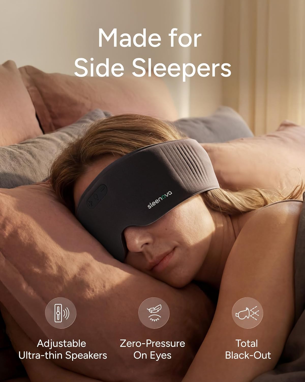 Sleenova Sleep Eye Mask with Bluetooth Headphones - Side Sleeper Optimized with Integrated Offline Audio for Phone-Free Use - 3 Modes for Rest, Nap & Travel