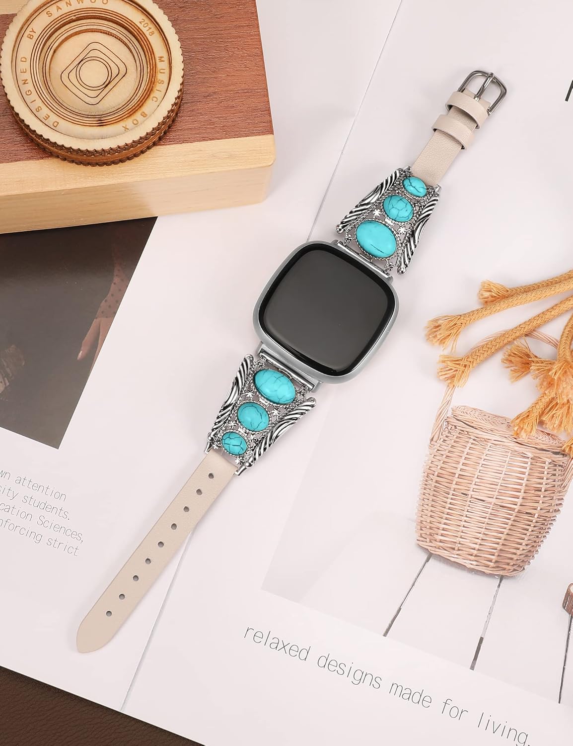 Minyee Leather Band Compatible with Fitbit Versa 4/Versa 3/Sense 2/Sense Band Women, Western Turquoise Boho Vintage Cowboy Retro Jewelry Adjustable Slim Replacement Wristband Strap for Versa 4/ Sense