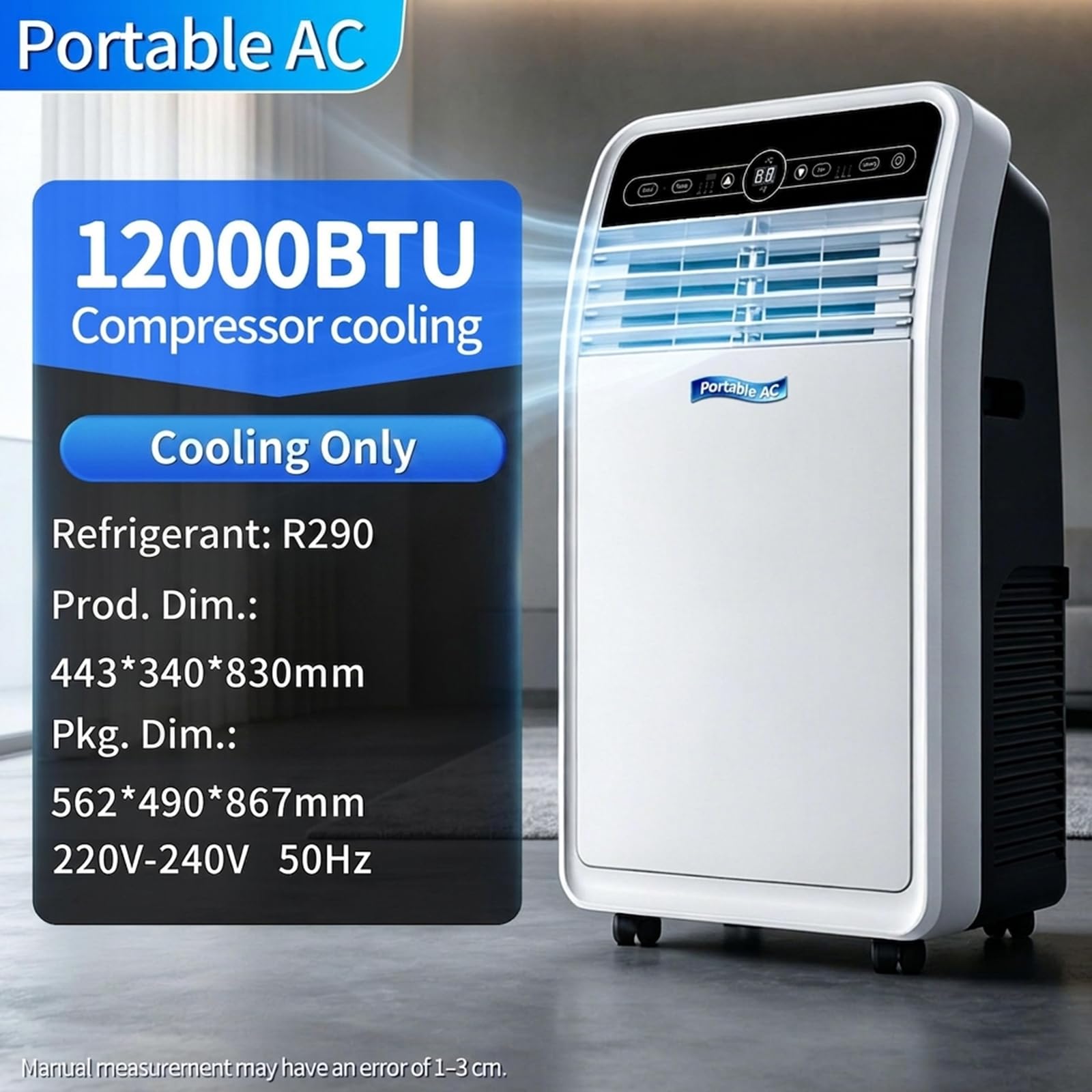 Climatizzatore Portatile 12000/18000 BTU, Unità AC fino a 32㎡ | Raffreddamento, Ventola e Deumidificazione, Flusso 300m³/h, Telecomando, Oscillazione 120°,Display LED(12000BTU)