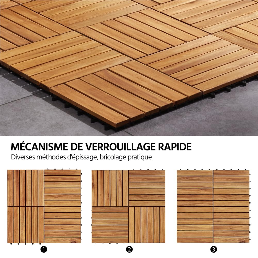 Yaheetech Caillebotis Bois Exterieur 27 PCS, Dalles de Terrasse en Bois d'acacia 30 x 30 cm, Revêtement de Sol Extérieur Intérieur pour Terrasse et Balcon