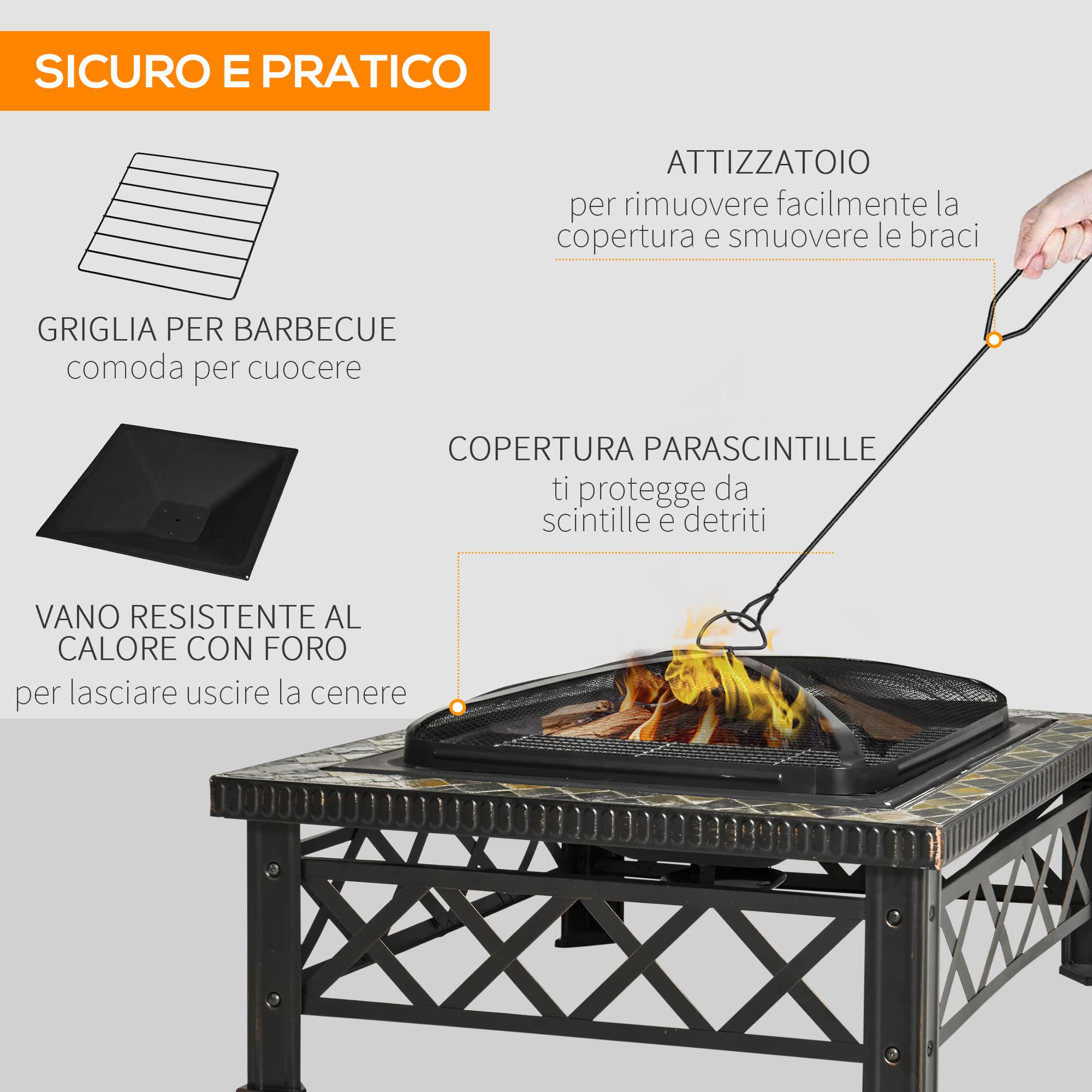 Outsunny Braciere da Giardino 76x76x47cm Nero con Coperchio Parascintille e Griglia per Barbecue