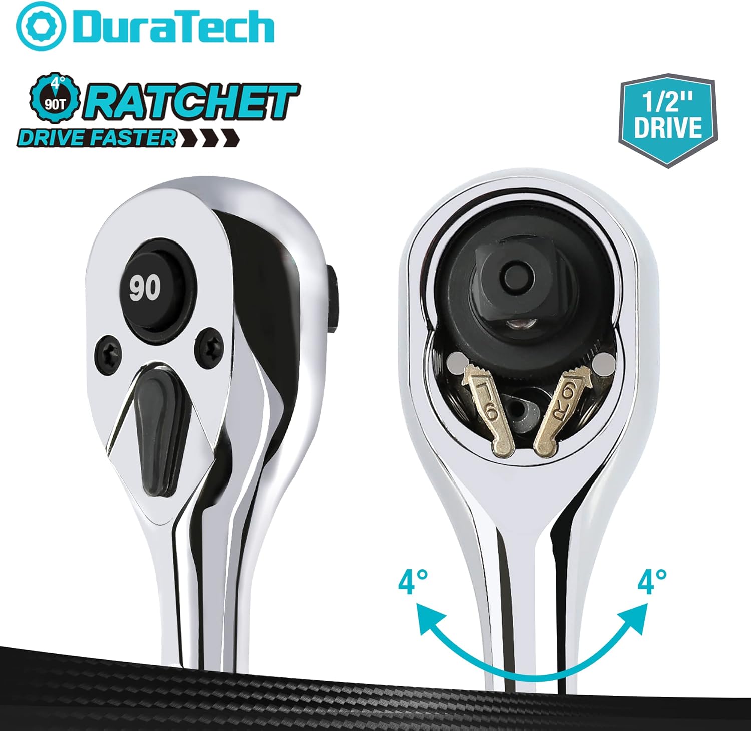 DURATECH 1/2-Inch Drive Ratchet, 90-Tooth Quick-release Ratchet Wrench, Reversible, Cr-V Made, Full Polished, Stocking Stuffers for Men Women Gifts for Men Gifts for Women
